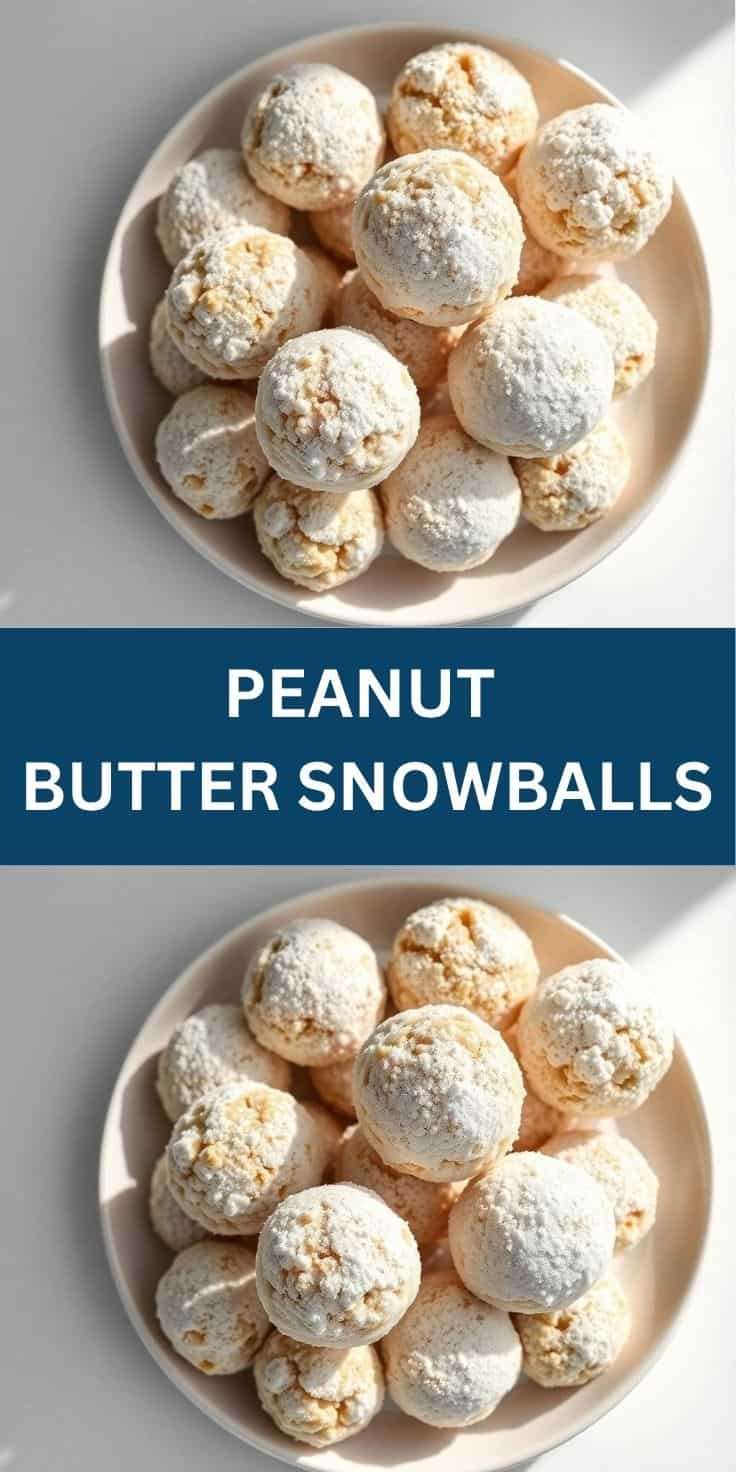 Peanut butter snowballs dusted with powdered sugar arranged on a cream-colored plate.