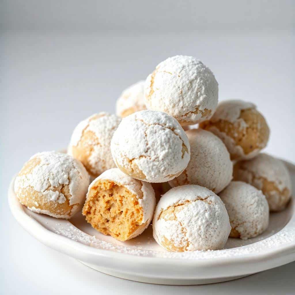 Peanut butter snowballs coated in powdered sugar, stacked on white plate, one cut in half.