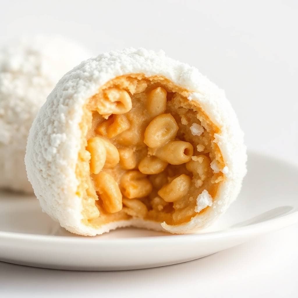 Peanut butter snowball cut in half showing peanut filling and cashew topping on white plate.