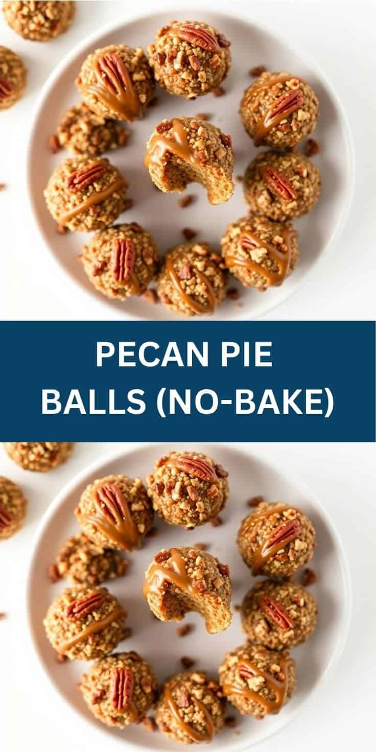Pecan pie balls arranged on white plate, topped with pecan halves, one broken open to show interior.