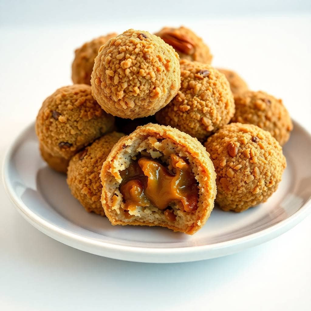 Pecan pie balls stacked on white plate, golden-brown with one cut open revealing caramel filling.