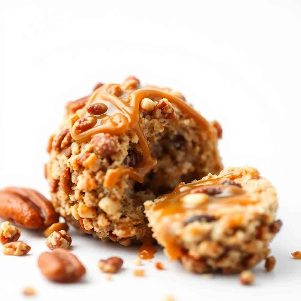 No-bake pecan pie balls with caramel coating and chopped pecans scattered on white surface.