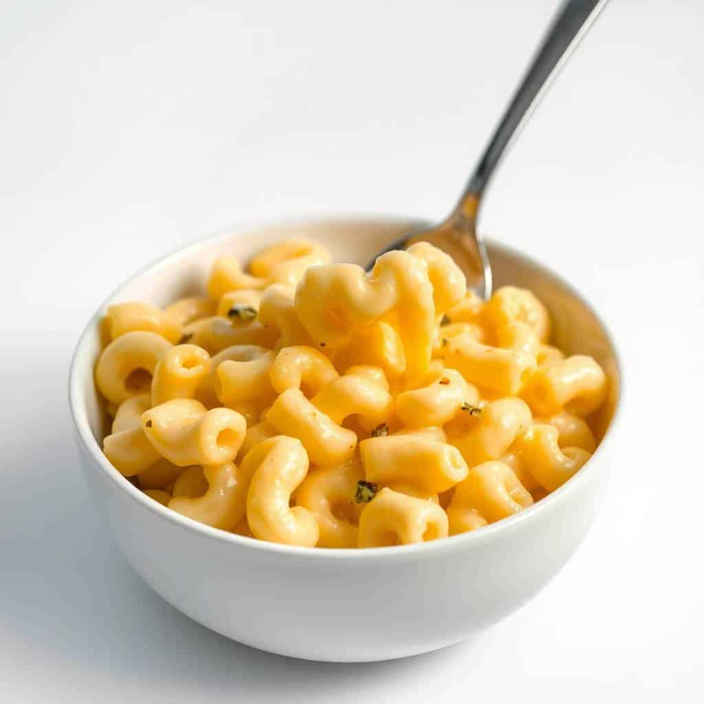 Creamy pepper jack mac and cheese in white bowl with spoon, garnished with herbs.