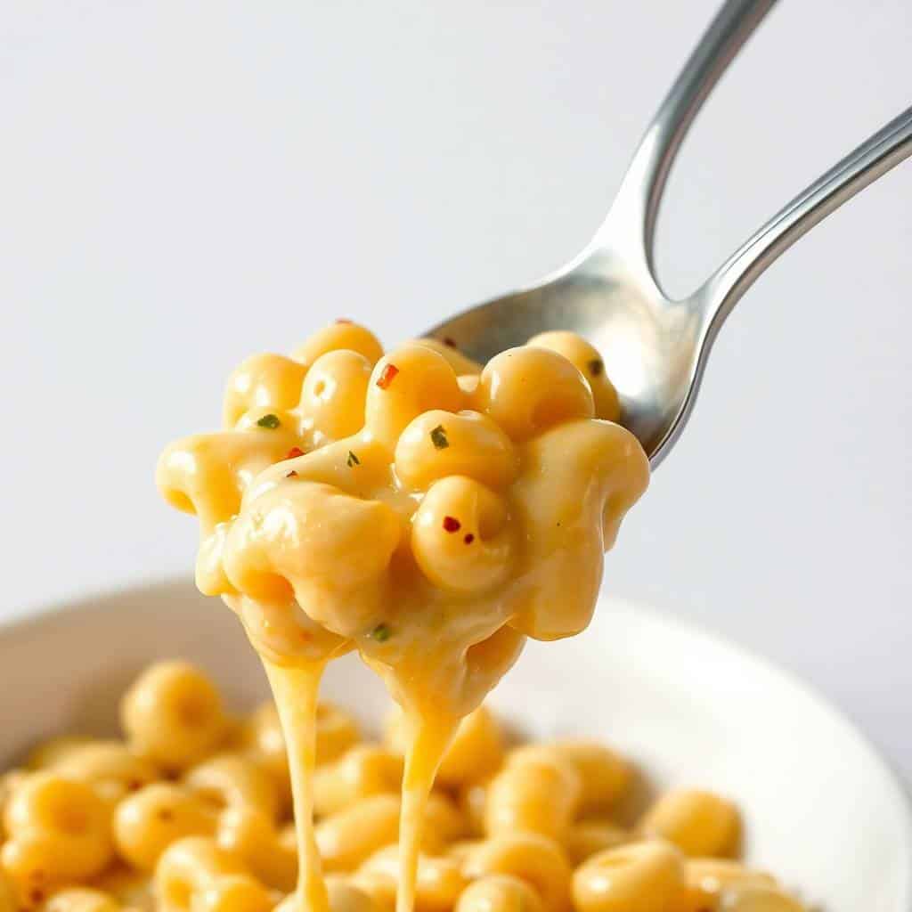 Creamy pepper jack mac and cheese on fork with melted cheese sauce and pasta pearls.