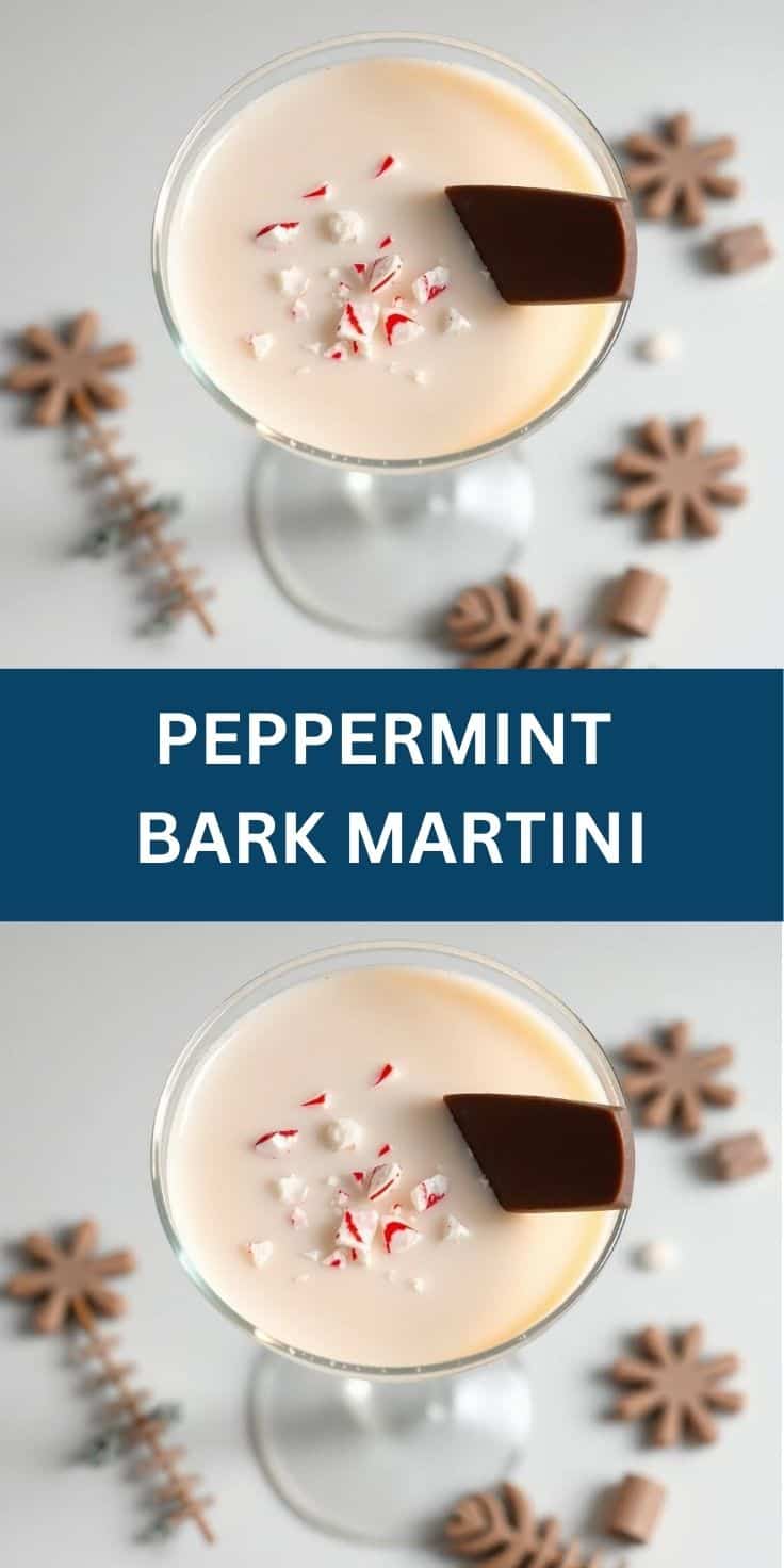 Peppermint Bark Martini in coupe glass, garnished with chocolate square and crushed peppermint candy.
