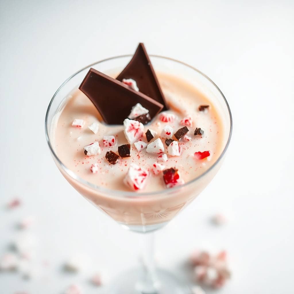 Peppermint bark martini with creamy beige cocktail, chocolate shards, and crushed candy garnish in coupe glass.