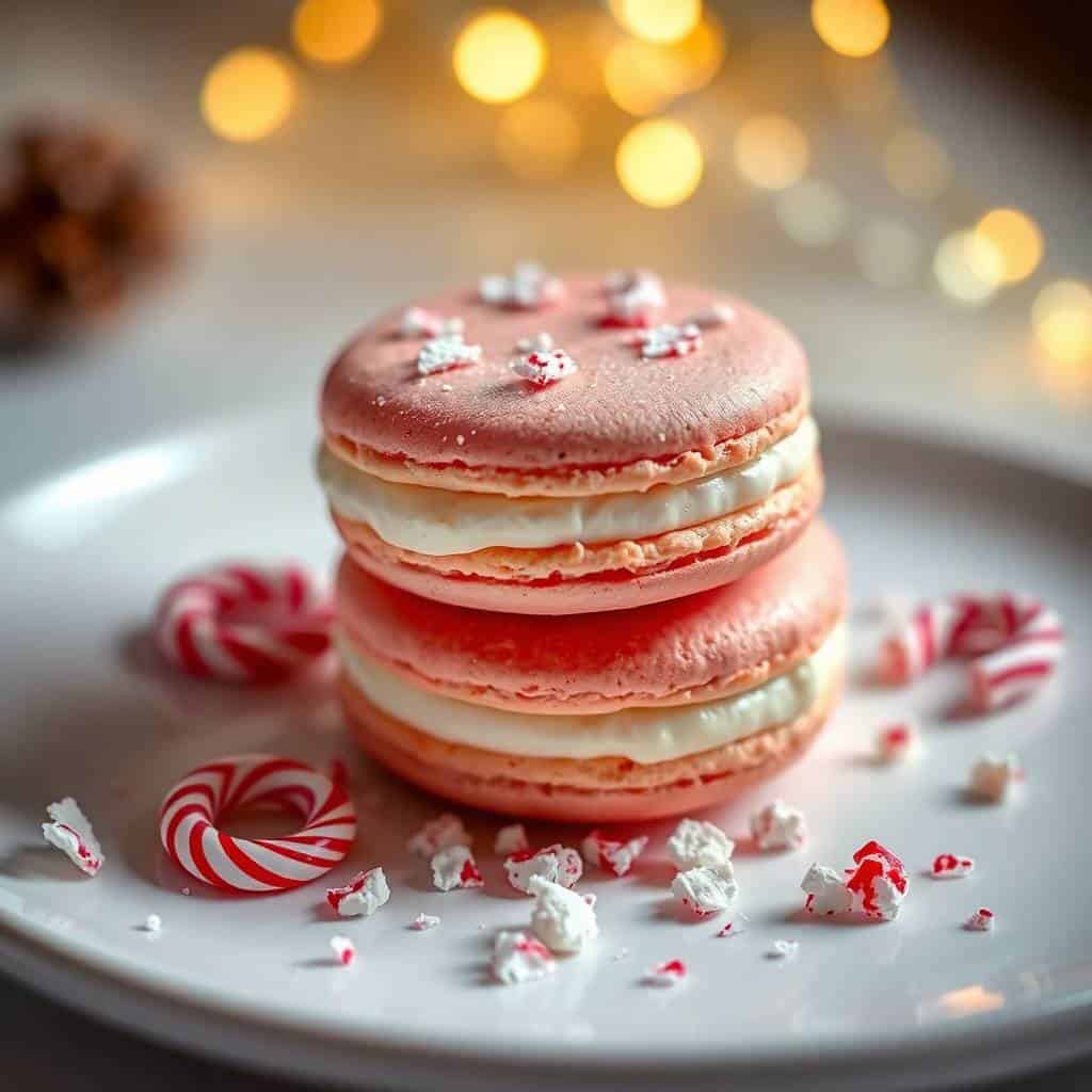 Stacked peppermint macarons with cream filling, garnished with crushed candy and mini candy canes on white plate.