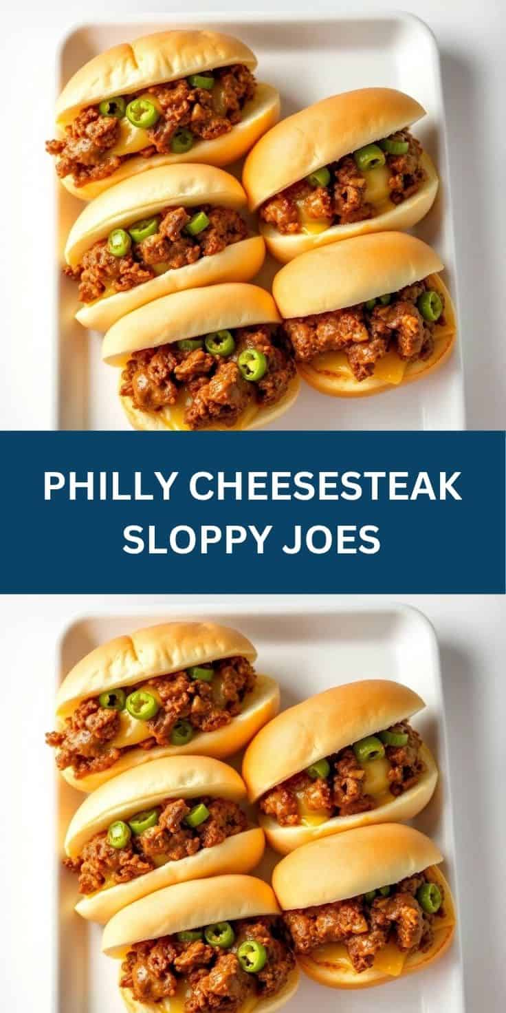 Four Philly cheesesteak sloppy joes on white plate with melted cheese and sliced jalapeños.
