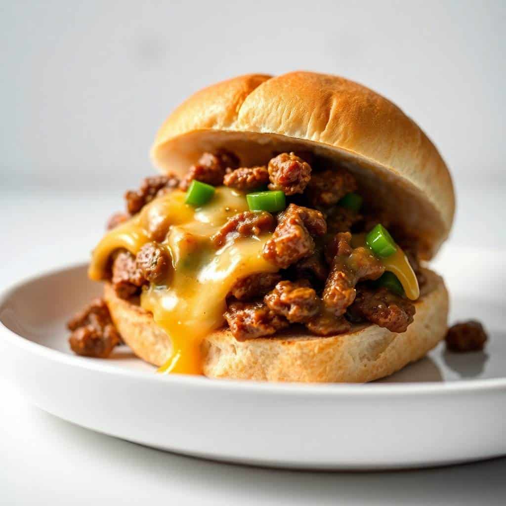 Philly cheesesteak sloppy joes with melted cheese and green onions on a toasted bun, plated on white.