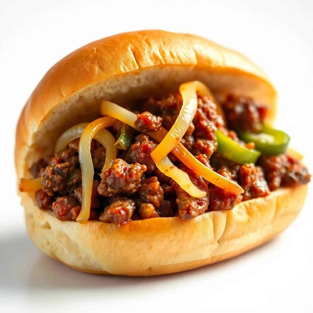 Philly cheesesteak sloppy joe on a toasted bun with caramelized onions and peppers.