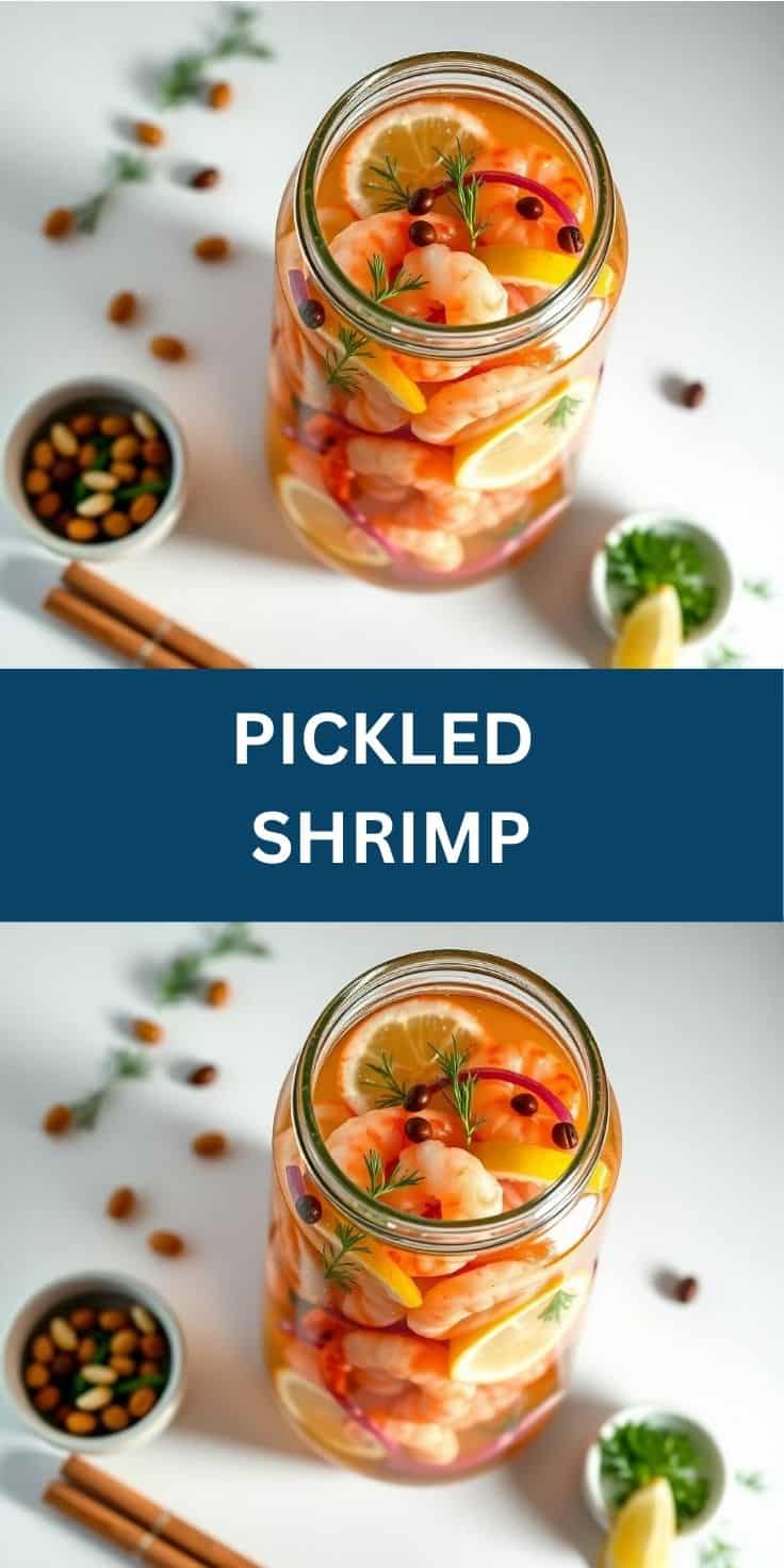 Pickled shrimp in glass jar with citrus slices, rosemary, and allspice berries.