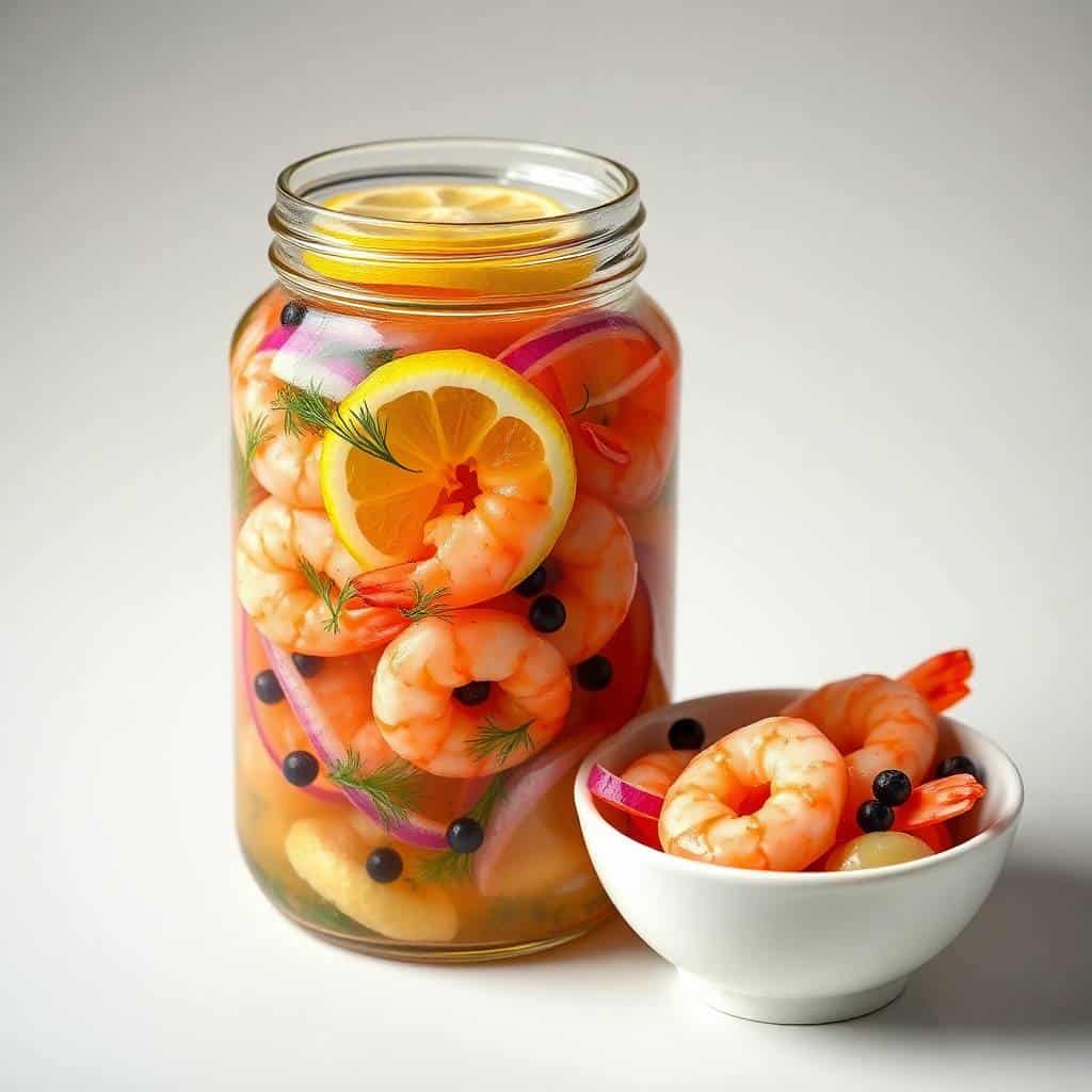 Pickled shrimp in glass jar with orange slices, blueberries, dill, and pink peppercorns; serving bowl displayed beside.