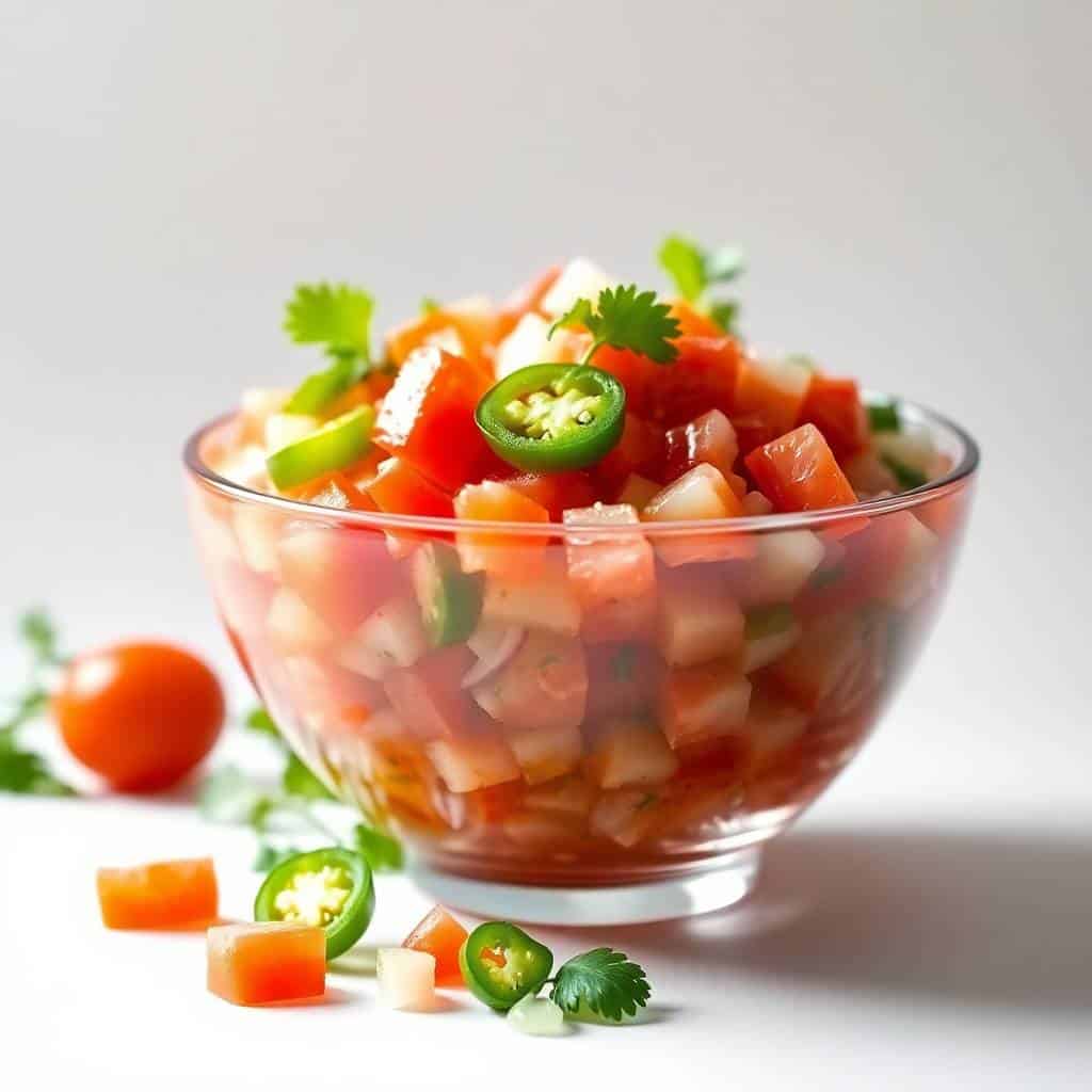 Pico de gallo served in a glass bowl, garnished with fresh cilantro and jalapeño slices.