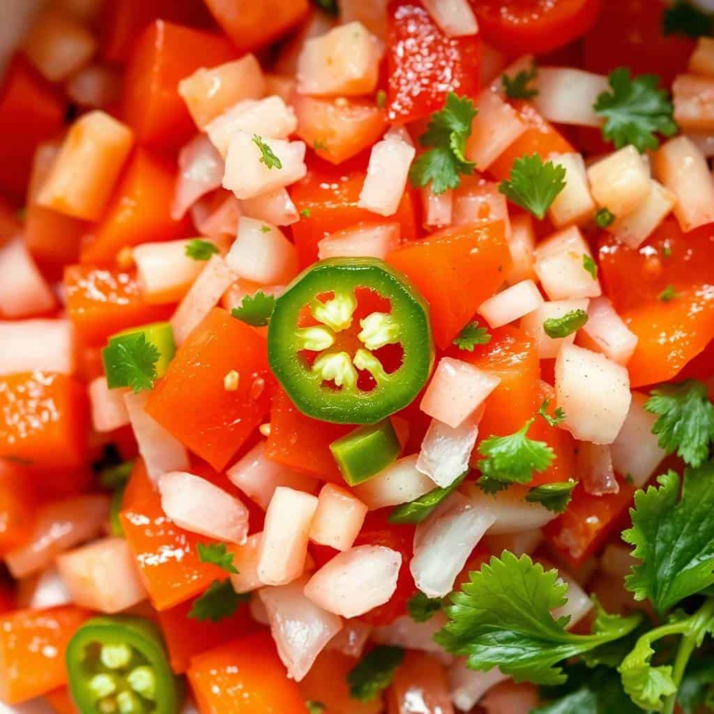 Pico de gallo with diced tomatoes, onions, jalapeños, cilantro garnish in close-up detail.