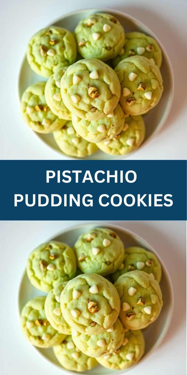 Pistachio pudding cookies with white chocolate chips arranged on white plate.