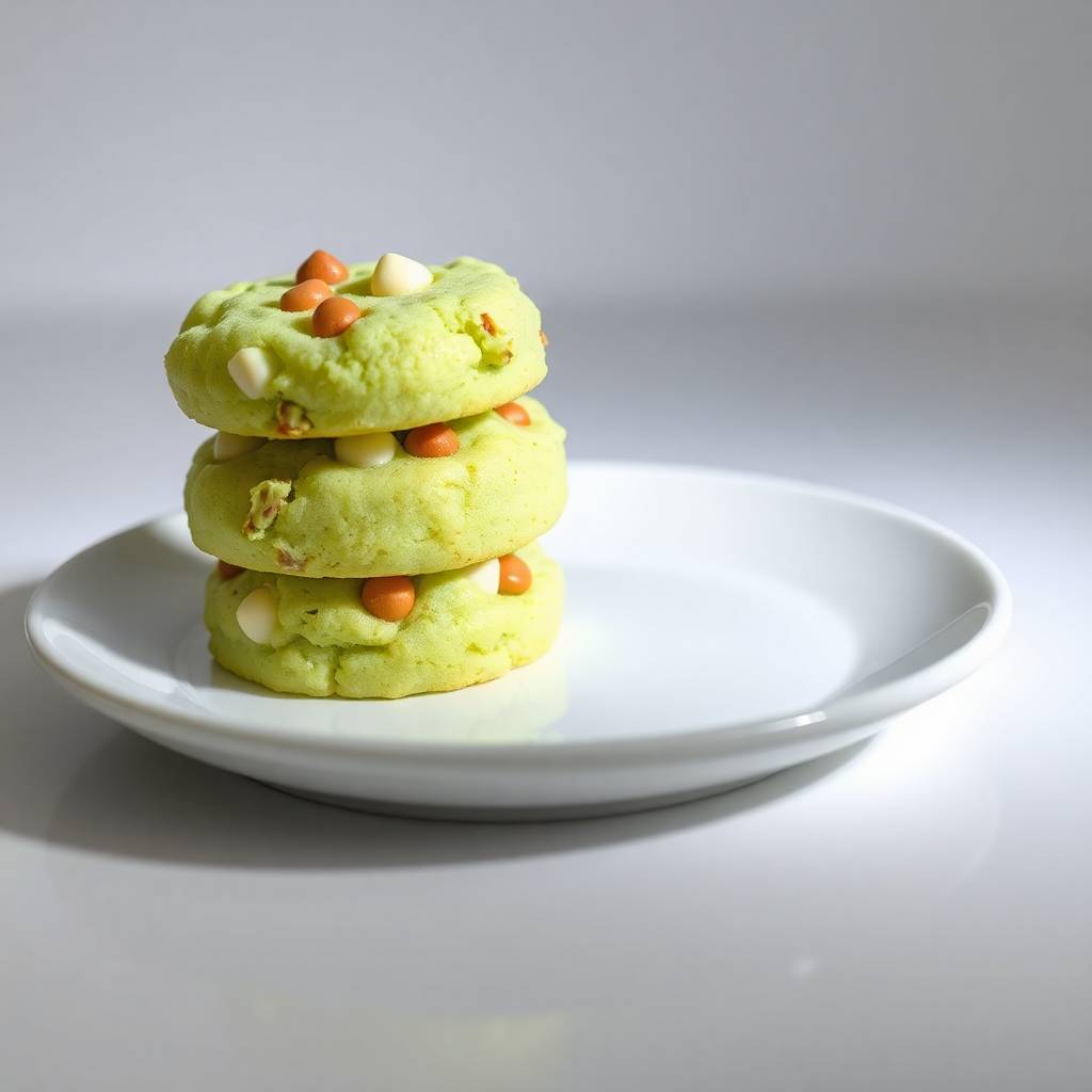 Three stacked pistachio pudding cookies with white and orange candy pieces on a white plate.