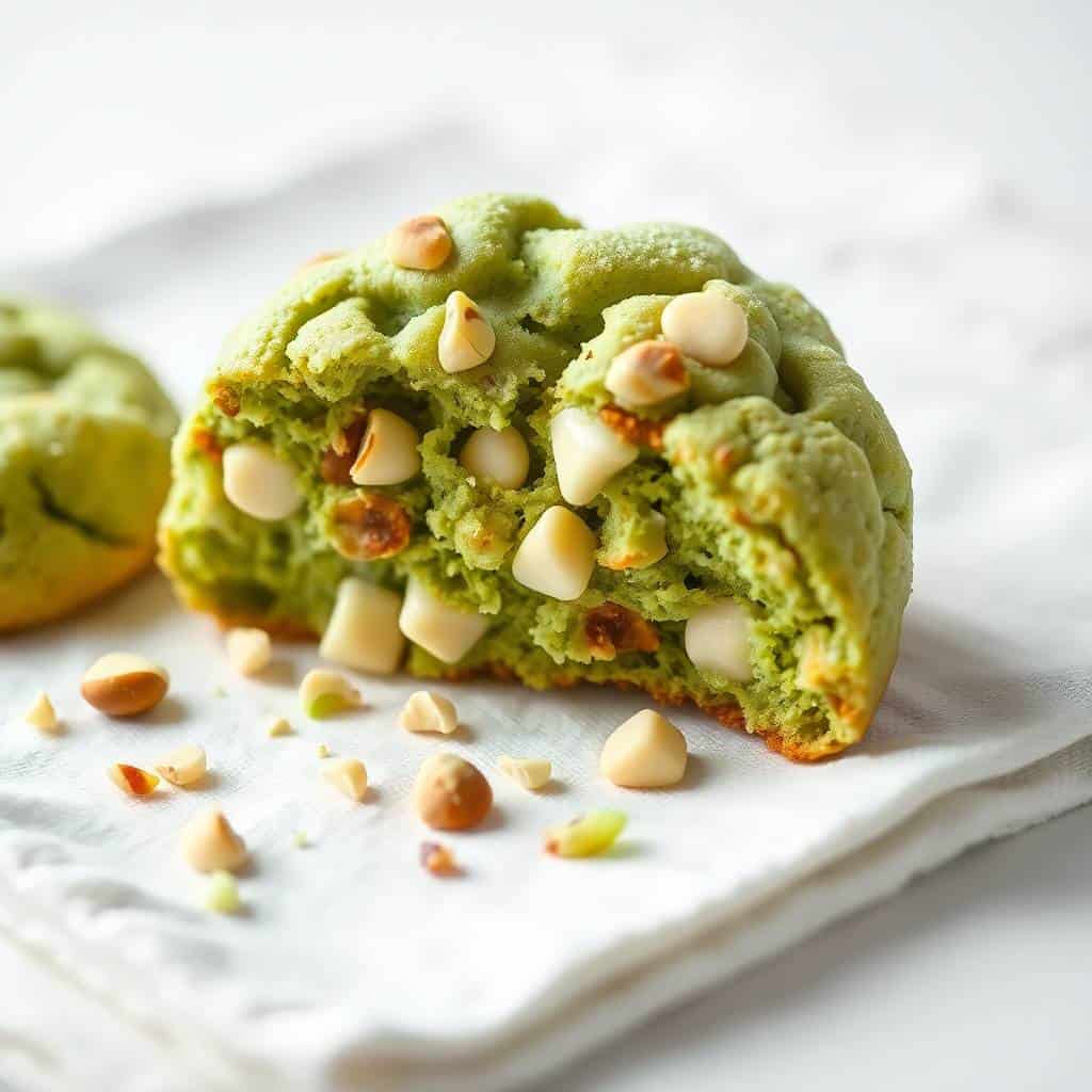 Pistachio pudding cookies with white chocolate chips on marble serving board.