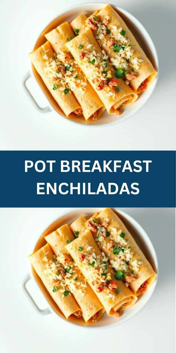 Pot breakfast enchiladas rolled in tortillas, topped with scrambled eggs, red sauce, and green onion garnish on white plate.
