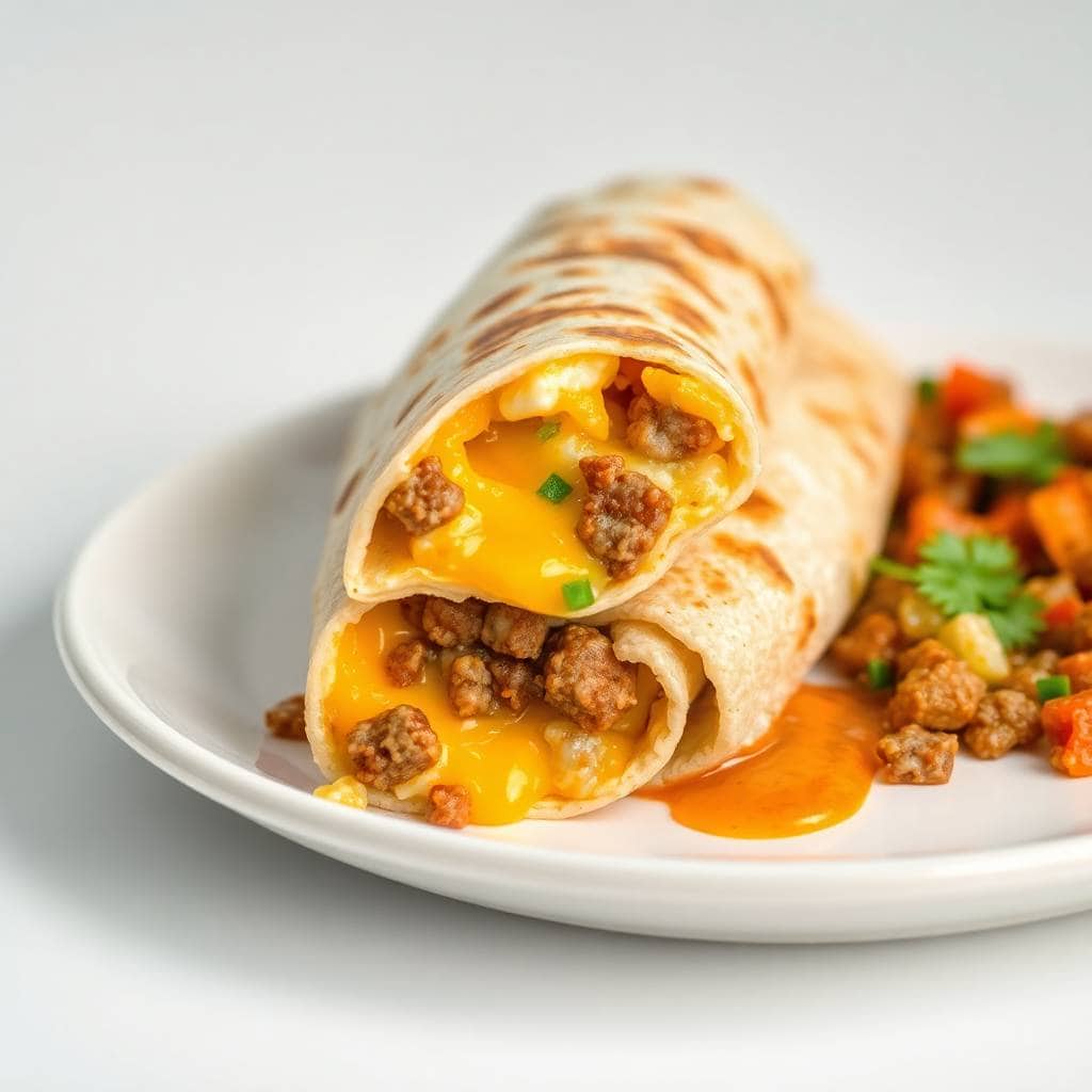 Breakfast enchiladas filled with ground beef and melted cheese on a white plate with cilantro garnish.