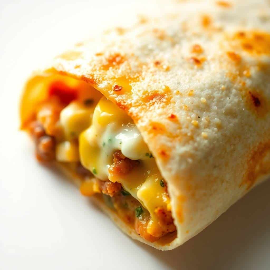 Breakfast enchilada with melted cheese, corn filling, and crispy golden edges on white plate.