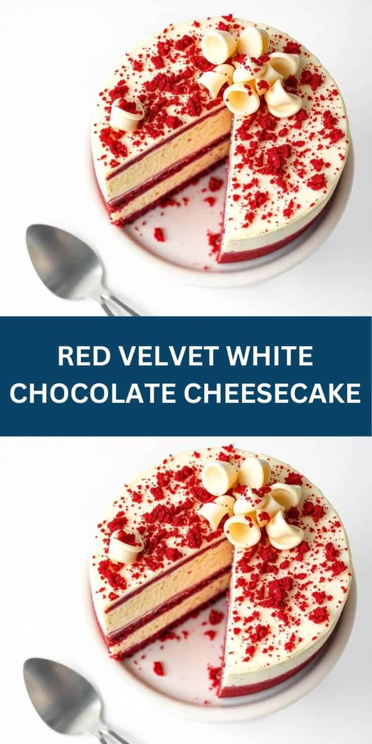 Red velvet white chocolate cheesecake with red crumb topping, white chocolate shavings, and serving spoon.