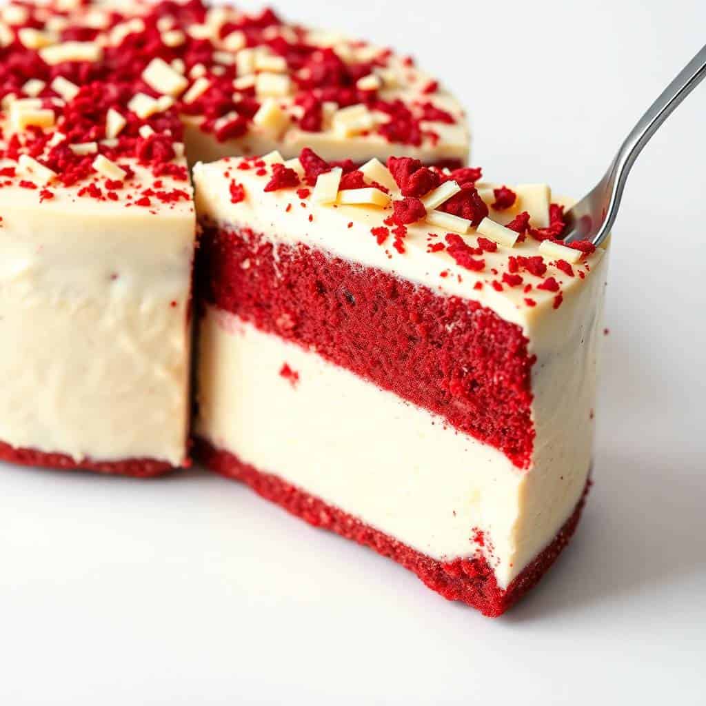 Red velvet white chocolate cheesecake slice with cream frosting and almond garnish on fork.