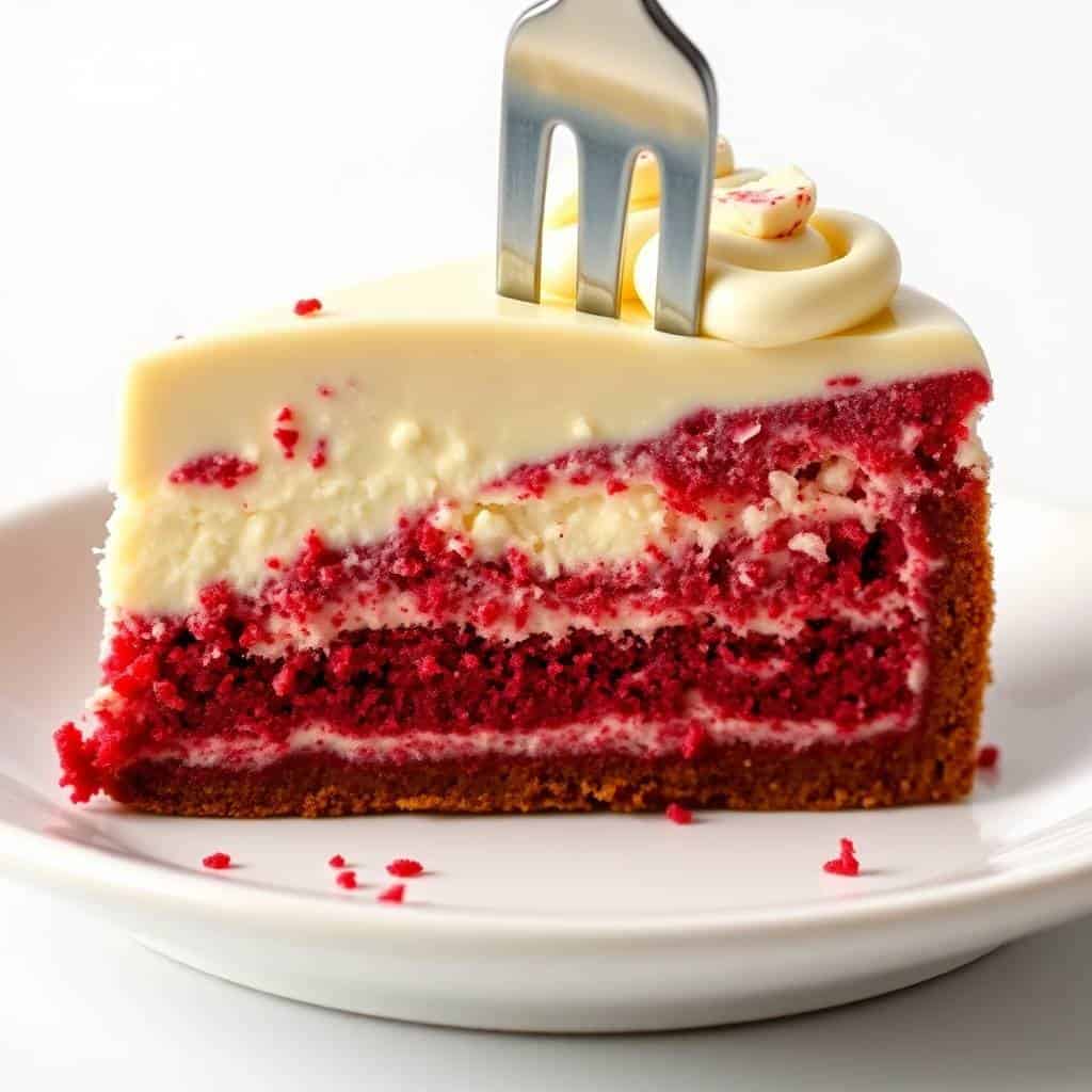 Red velvet layer cake with white chocolate frosting and cream cheese topping on white plate.