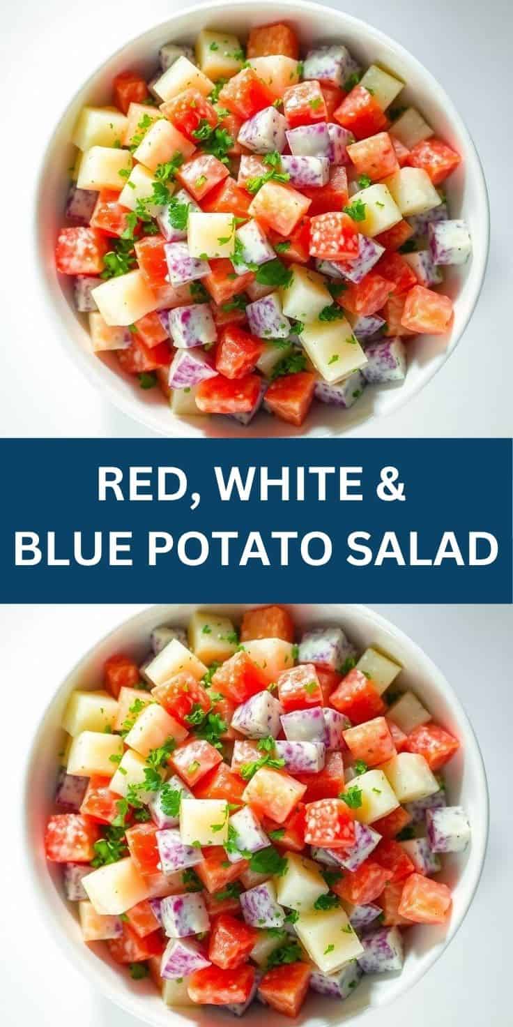 Red, white, and blue potato salad with diced potatoes and fresh parsley garnish in white bowl.