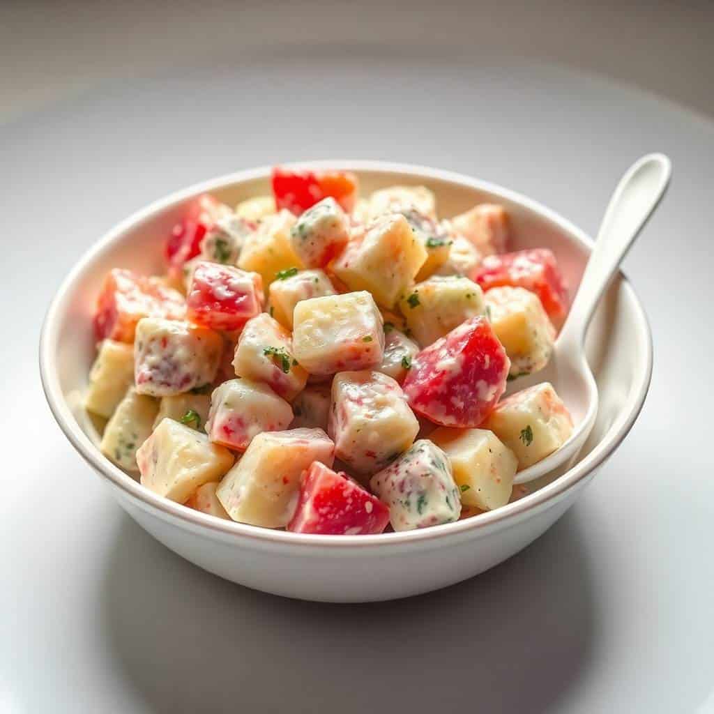 Red, white, and blue potato salad with diced potatoes and radishes garnished with herbs in a white bowl.