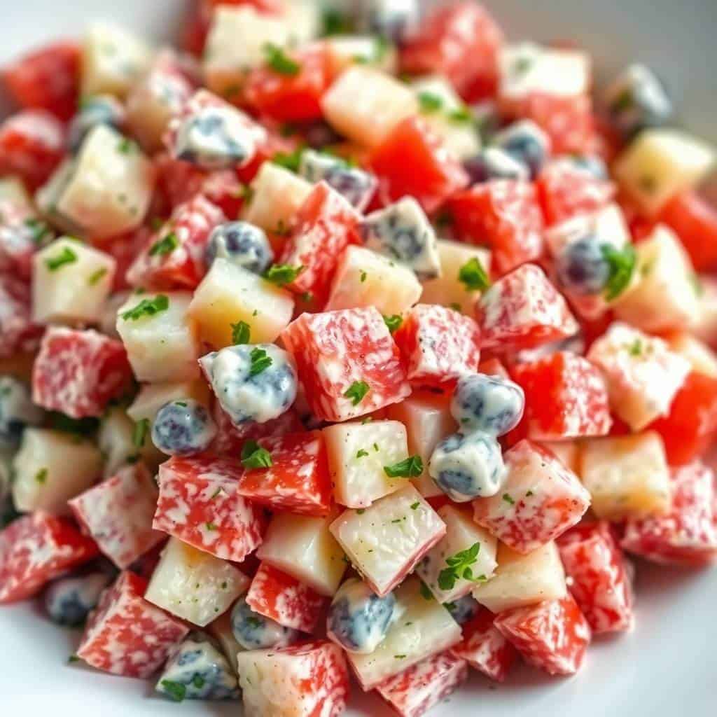 Red, white, and blue potato salad with diced potatoes, blueberries, and fresh chive garnish on white plate.
