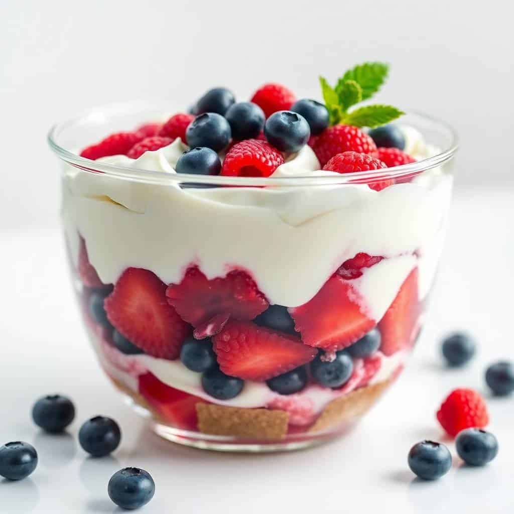 Red, white, and blueberry trifle layered in glass bowl with berries and mint garnish.
