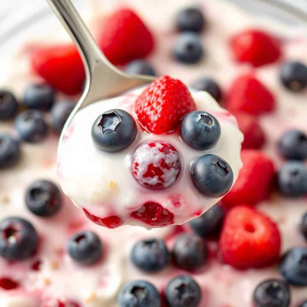 Spoon holding red, white, and blueberry trifle with fresh raspberries and blueberries as garnish.