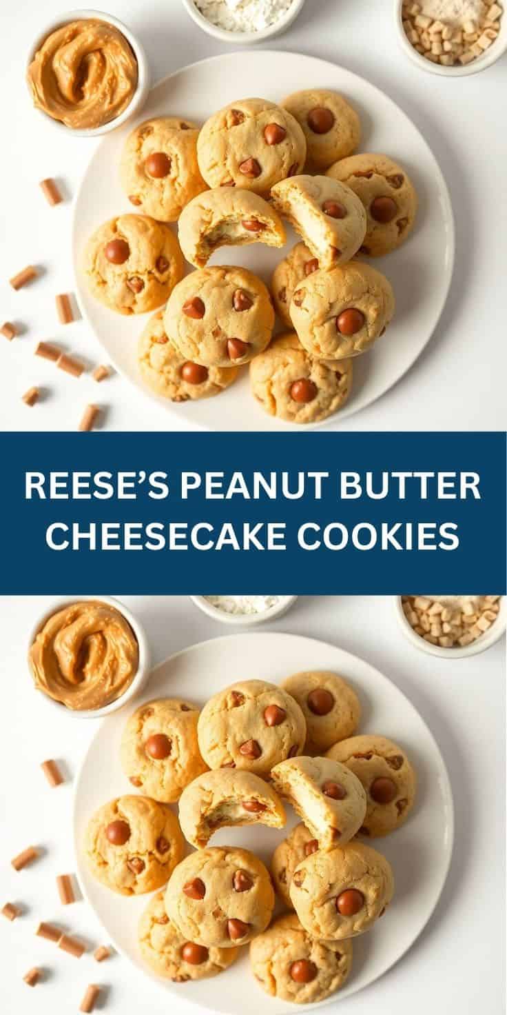 Reese's peanut butter cheesecake cookies on white plate with peanut butter and toppings.