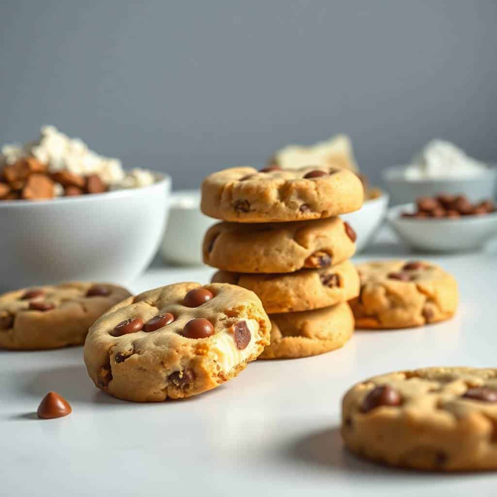 Chocolate chip peanut butter cookies stacked and scattered on white surface with bowls of toppings.