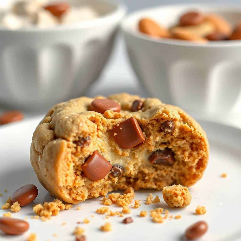 Peanut butter cookie broken in half with chocolate chips, crumbs scattered, white bowls blurred in background.