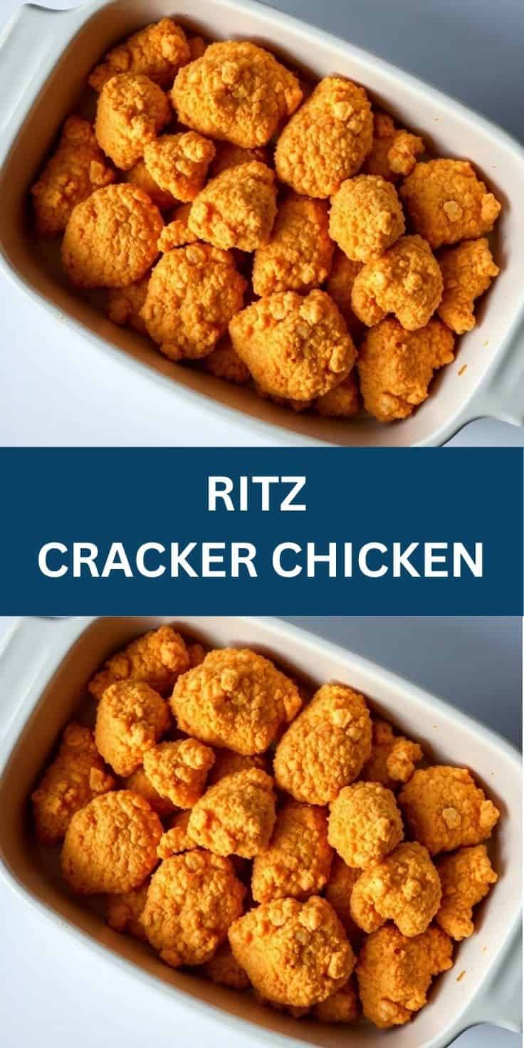 Golden-brown Ritz cracker chicken pieces arranged in white rectangular baking dish.