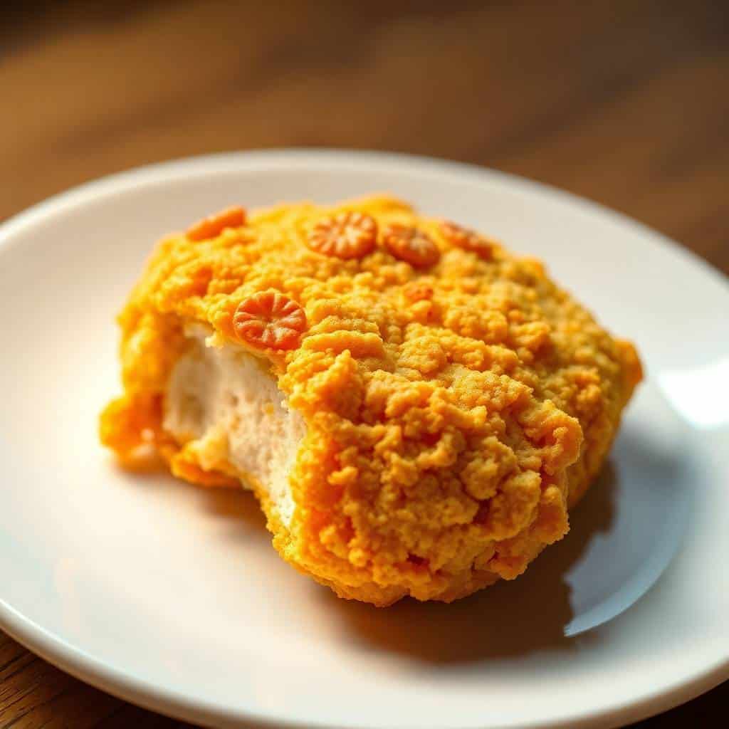 Crispy golden Ritz cracker chicken on white plate with textured coating and red pepper garnish.