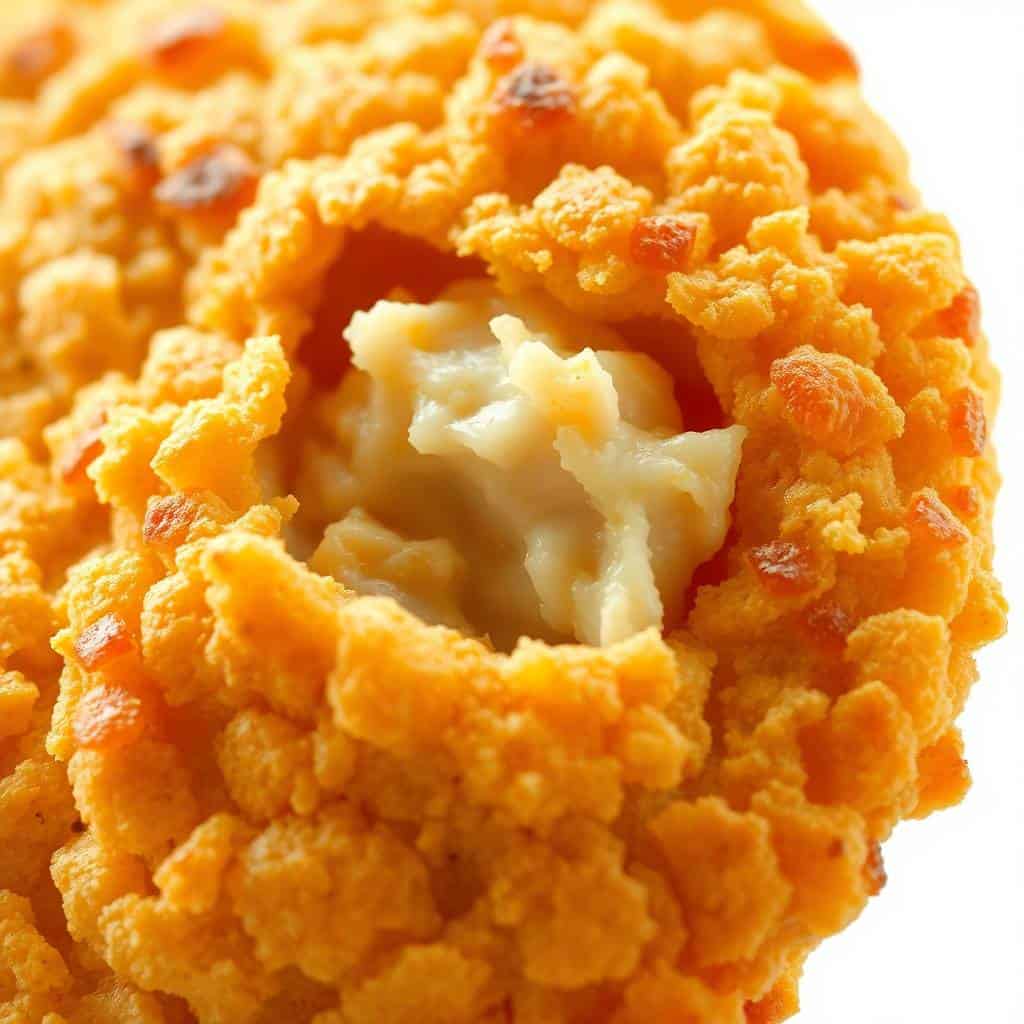 Close-up of golden-brown Ritz cracker chicken with crispy coating and tender white chicken visible inside.