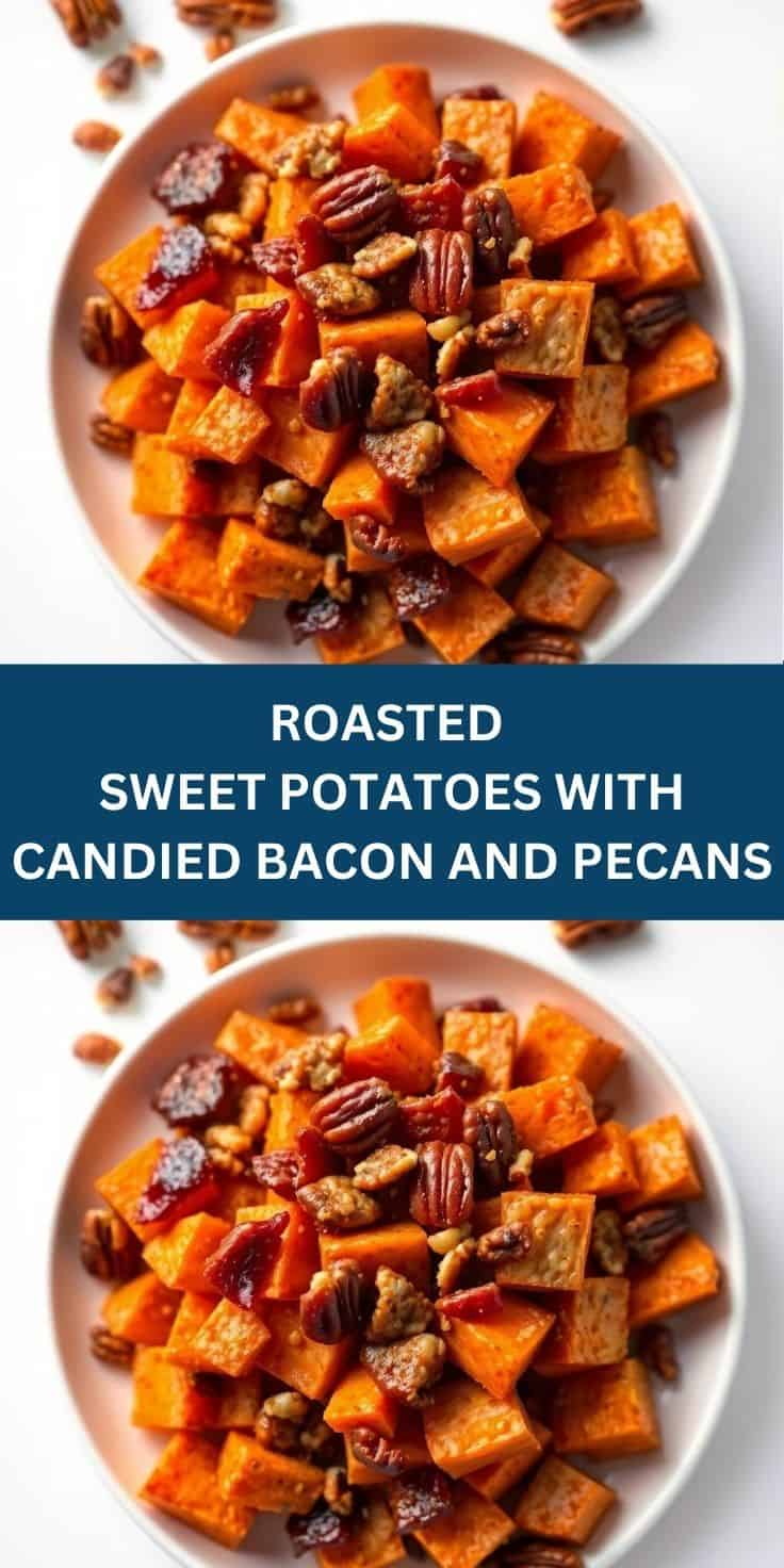 Roasted sweet potato cubes topped with candied bacon pieces and pecans on white plate.
