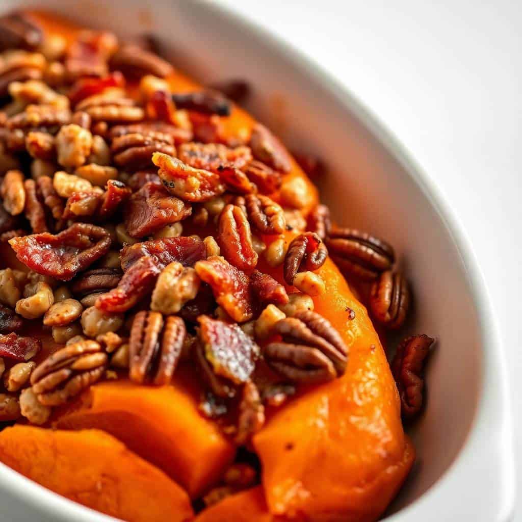 Roasted sweet potatoes topped with candied bacon and pecans in a white bowl.