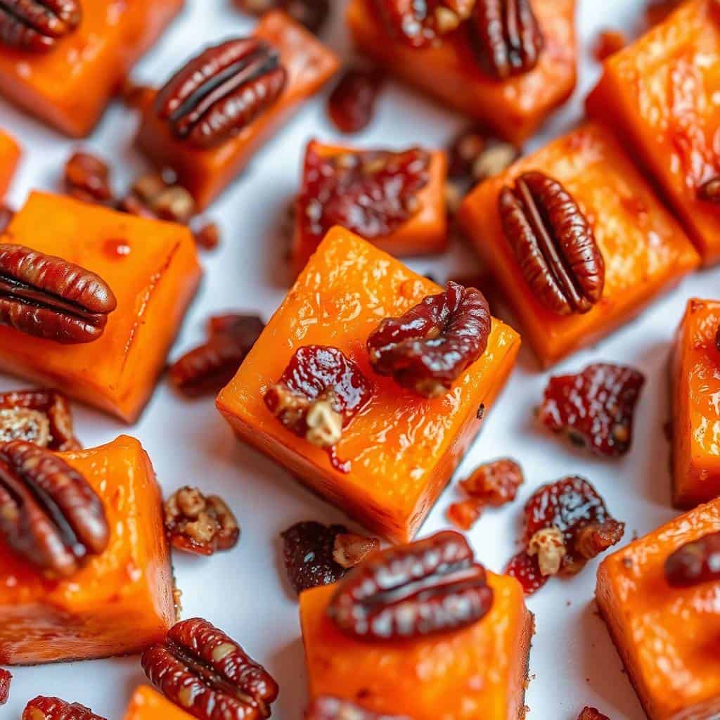Roasted sweet potato cubes topped with candied pecans on white surface.