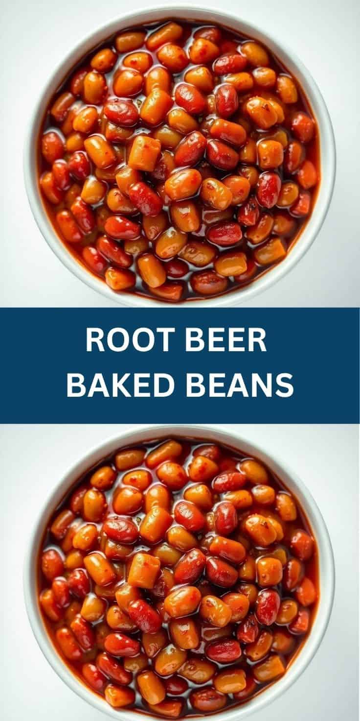 Root beer baked beans in white bowls showing reddish-brown beans in glossy sauce.