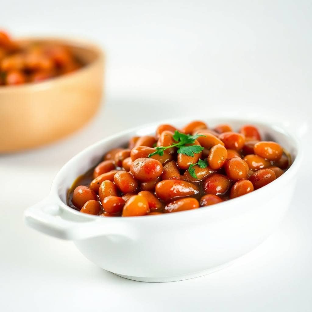 Root beer baked beans in white oval dish, garnished with parsley, rich brown sauce coating.