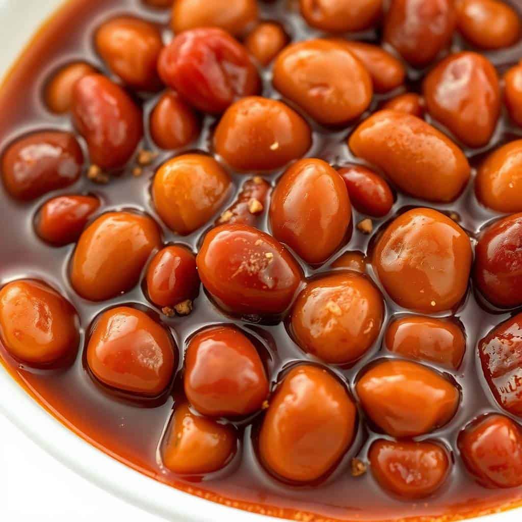 Root beer baked beans in brown sauce served in a white ceramic bowl.