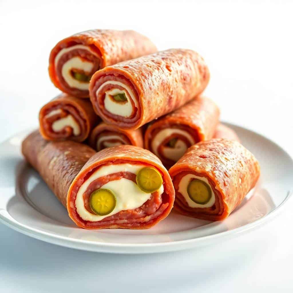 Rolled salami filled with cream cheese and dill pickle slices, arranged on a white plate.