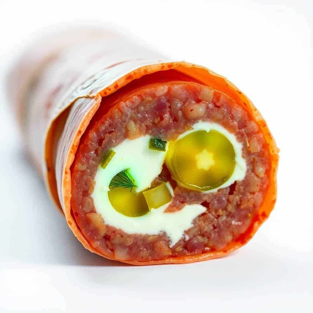 Sliced salami roll filled with cream cheese, green dill pickle, and garnished with fresh dill on white background.
