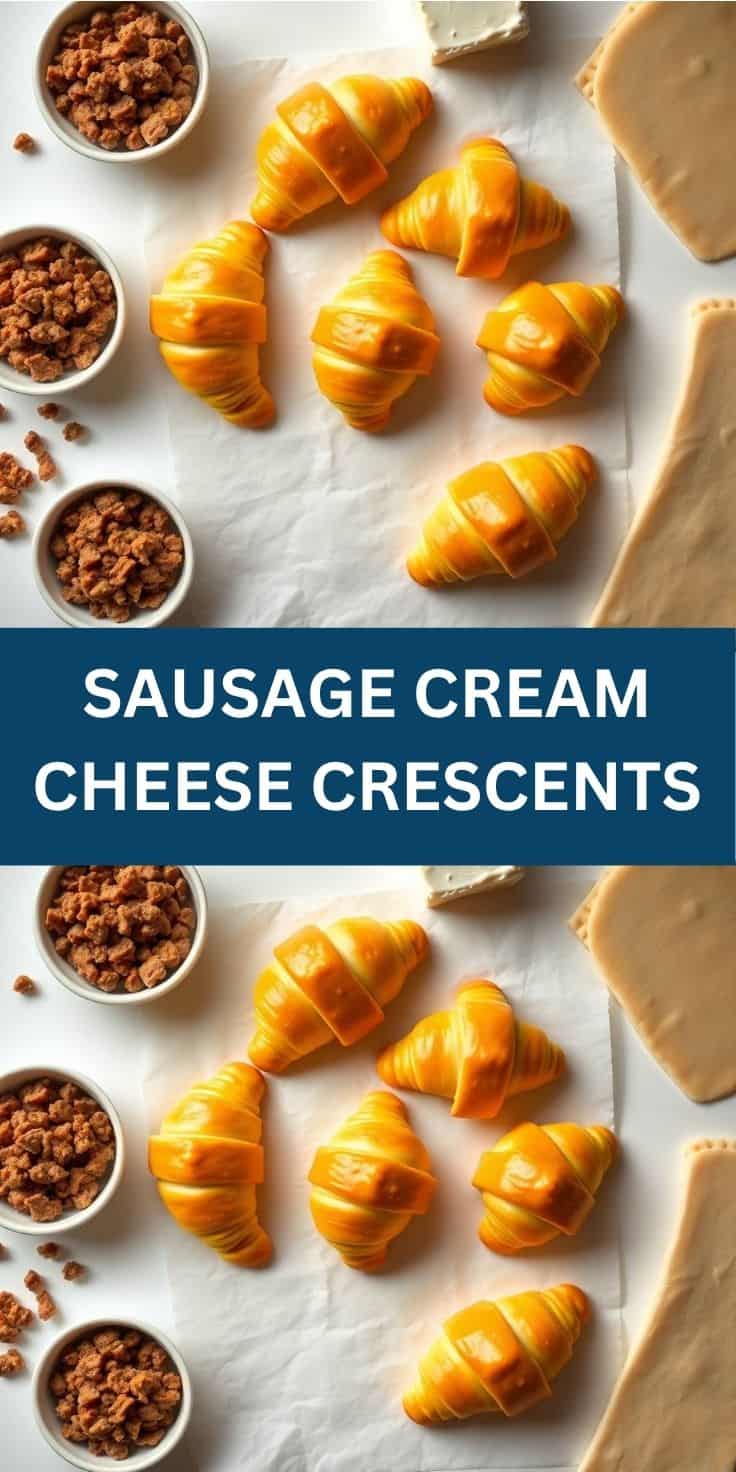 Sausage cream cheese crescents arranged on parchment with bowls of cooked sausage and cream cheese blocks nearby.