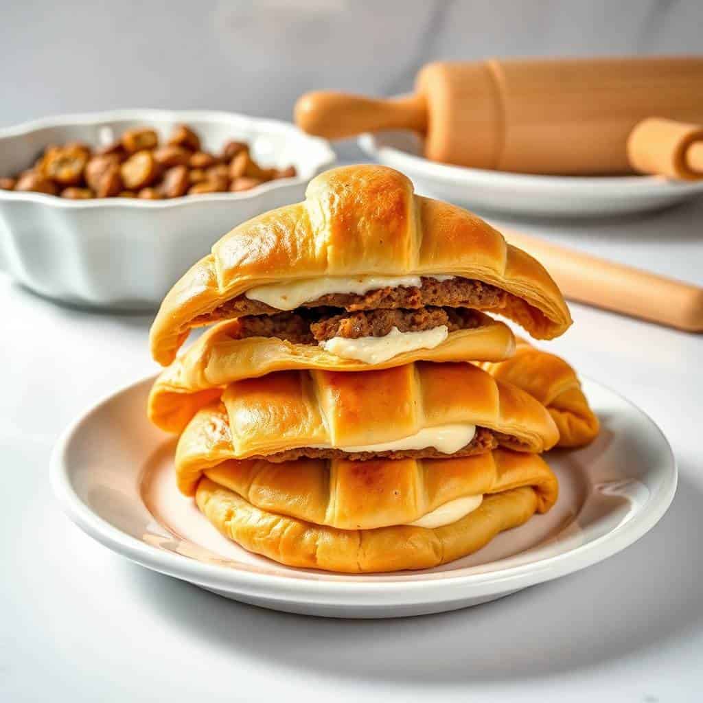 Stacked sausage cream cheese crescents on white plate with rolling pin and nuts in background.