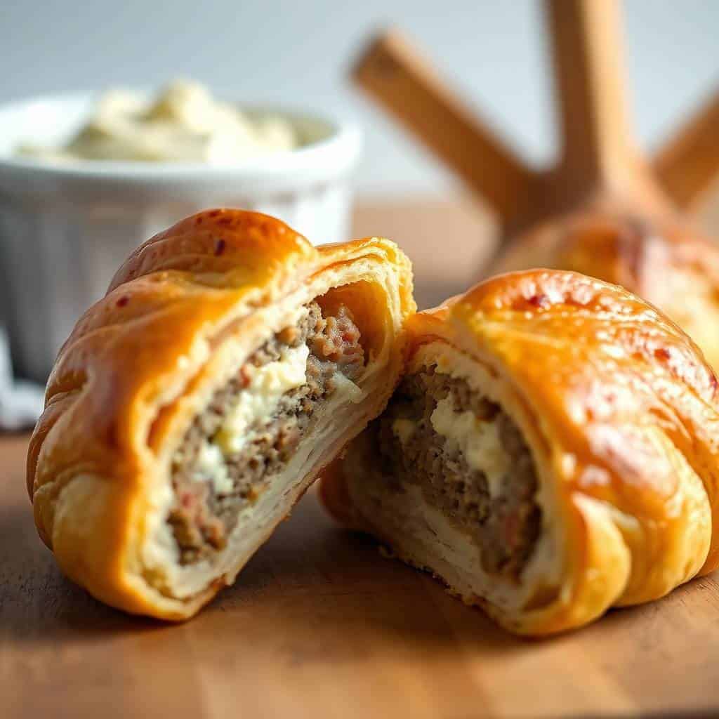 Sausage cream cheese crescents cut in half, showing savory meat and cheese filling inside golden pastry.