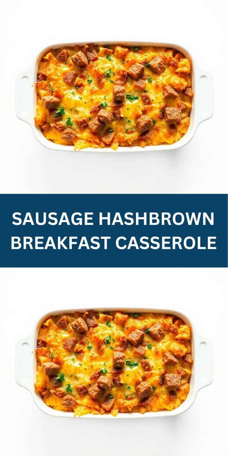 Sausage hashbrown breakfast casserole in white baking dish, garnished with fresh chives, top view.